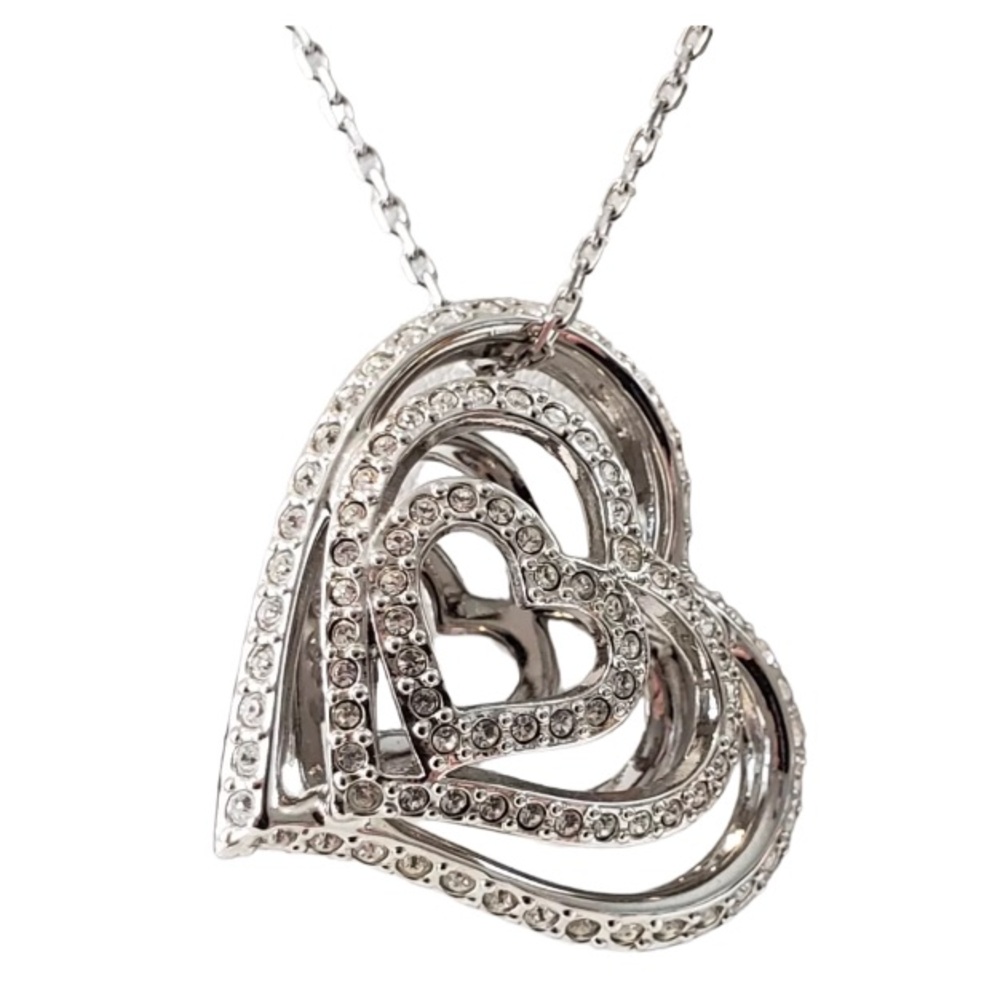 Swarovski Swan Necklace Double Sided Floating Heart Black and Clear Crystals - Picture 1 of 6